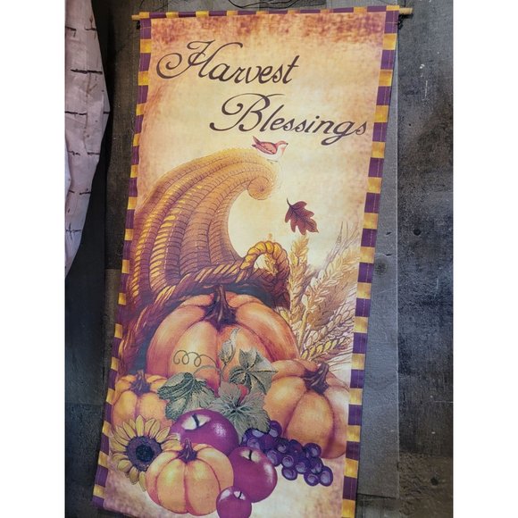 Harvest Blessings Cornucopia Thanksgiving pumpkin grapes apple banner flag decor - Picture 3 of 4